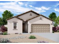 Charming single-story home with a tan stucco exterior, tile roof, and a two-car garage in a well landscaped community at 29761 N Oak Dr, Florence, AZ 85132