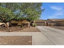 Charming single-story home with stone accents, mature landscaping, and a spacious driveway leading to a two-car garage at 18501 E Pine Valley Dr, Queen Creek, AZ 85142