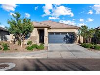 Charming single-story home featuring a gray garage door, stone accents, and well-maintained landscaping at 25119 N 134Th Dr, Peoria, AZ 85383