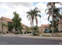 Inviting street view of multi-story homes with mature trees and xeriscaping at 1001 N Pasadena St # 162, Mesa, AZ 85201