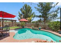 Inviting backyard oasis features a sparkling pool, lush landscaping, and cozy pergola with string lights at 17541 W Statler Dr, Surprise, AZ 85388