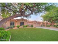 Charming single-story home featuring mature shade trees, lush lawns, and a three-car garage at 8036 E Mercer Ln, Scottsdale, AZ 85260