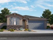 Inviting single-story home featuring a mix of stone veneer and stucco, with gray shutters and a two-car garage at 15997 W Bronco Trl, Surprise, AZ 85387