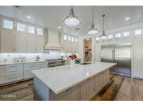 Stunning kitchen featuring a large island, stainless appliances, and elegant white cabinetry with glass accents at 22709 S 202Nd St, Queen Creek, AZ 85142