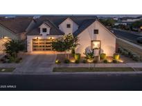 Charming home featuring modern architectural design, a two-car garage, manicured landscaping, and inviting outdoor lighting at 10127 E Tillman Ave, Mesa, AZ 85212