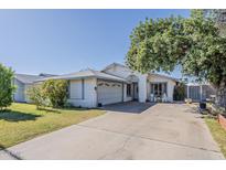 Charming single-story home with a well-manicured lawn and mature trees, showcasing its inviting curb appeal at 2202 W Enid Ave, Mesa, AZ 85202