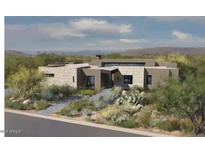Contemporary desert home with stone accents and a landscaped front yard featuring native plants and a stone walkway at 38026 N 114Th Way, Scottsdale, AZ 85262