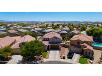 Expansive aerial view of a suburban home featuring a pool, lush landscaping, and a tile roof at 19324 N Del Mar Ave, Maricopa, AZ 85138