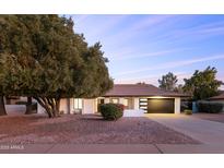 Charming single-story home featuring a well-manicured yard and a modern garage door at 12271 N 74Th St, Scottsdale, AZ 85260