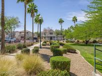 Street view featuring a home with a well-maintained landscape with palm trees and other beautiful landscaping at 8723 E Kiowa Ave, Mesa, AZ 85209