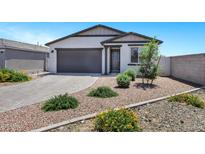 Charming single-story home features a grey two-car garage, desert landscaping, and a welcoming front entrance at 6145 S Adelle --, Mesa, AZ 85212