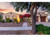 Charming single-story home with a desert landscaped front yard and vibrant bougainvillea over the gated entry at 816 W Sycamore Ct, Litchfield Park, AZ 85340