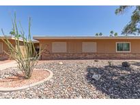 Home's desert front yard features rock ground cover and vibrant plants at 10860 W Buccaneer Dr, Sun City, AZ 85351