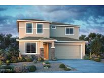 Charming two-story home with neutral colored stucco, decorative stonework, and a two-car garage at 12233 W Caraveo Pl, Peoria, AZ 85383