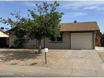 Charming single-story home featuring a well-maintained yard with stone landscaping, a large shade tree, and a white single car garage at 3517 E Blanche Dr, Phoenix, AZ 85032
