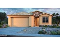 Attractive single Gathering home featuring stone accents and neutral-colored stucco facade with a two-car garage at 12239 W Caraveo Pl, Peoria, AZ 85383