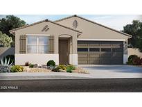 Charming single-story home featuring a two-car garage, desert landscaping, and stylish shutters and front door at 37153 W Prado St, Maricopa, AZ 85138
