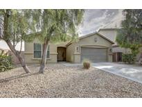 Charming single-story home with neutral exterior and easy-care landscaping of rocks and trees at 3821 S 100Th Gln, Tolleson, AZ 85353
