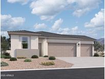 Beautiful single-story home features a three car garage, desert landscaping, and a neutral color palette at 46850 W Old Timer Rd, Maricopa, AZ 85139