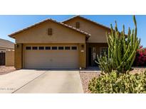 Tan home with a desert landscape including cactus and flowering bushes and a two car garage at 3742 E Sandy Way, Gilbert, AZ 85297