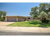 Charming single-story home featuring a lush green lawn, mature trees, and an attached two-car garage at 10643 W Pineaire W Dr, Sun City, AZ 85351