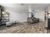 Bright living room featuring modern gray sofa, stylish furniture, and wood-look flooring at 3807 W Abraham Ln, Glendale, AZ 85308