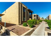Tan stucco building with green bushes, rock landscaping and a concrete walkway at 3825 E Camelback Rd # 290, Phoenix, AZ 85018