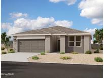 Charming single-story home with a two-car garage and xeriscaped front yard under a beautiful sky at 46869 W Old Timer Rd, Maricopa, AZ 85139