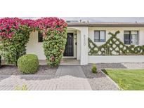 Charming home exterior with lush bougainvillea, black door, and well-maintained landscaping at 8320 E Monte Vista Rd, Scottsdale, AZ 85257