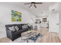 Inviting living room open to kitchen features a modern ceiling fan and stylish decor at 11025 E Cholla Rd, Mesa, AZ 85207