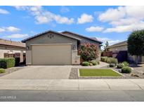 Charming single-story home featuring a two-car garage, xeriscaped landscaping and a delightful flowering shrub at 1364 W Spine Tree Ave, Queen Creek, AZ 85140