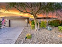 Charming single-story home with desert landscaping, a two-car garage, and mature shade tree at sunset at 15928 W Zinnia Ct, Surprise, AZ 85374