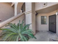 Inviting entrance with stucco walls, stairs, and mature landscaping with a wrought iron security door at 9450 N 94Th Pl # 116, Scottsdale, AZ 85258