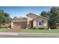 Charming single-Gathering home with a two-car garage, stone accents, and a well-manicured lawn at 23073 E Saddle Way, Queen Creek, AZ 85142