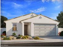 Charming single-story home with stucco siding, tile roof, desert landscaping, and an attached two-car garage at 7361 E Cozy Cottage Ln, San Tan Valley, AZ 85143