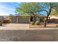 Charming single-story home featuring a three-car garage and mature desert landscaping at 9532 E Knoll Cir, Mesa, AZ 85207
