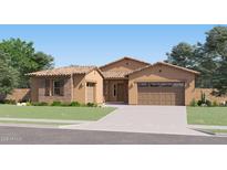 Charming single-story home with desert landscaping, a stone facade, and a two-car garage at 3385 E Saddletree Way, San Tan Valley, AZ 85140