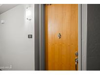 Condo front door with peephole, unit number, and sidelight fixture at 17 W Vernon Ave # 31, Phoenix, AZ 85003