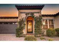 Elegant home entrance features a decorative iron door and lush vines climbing the stone archway at 2623 E Indigo Pl, Chandler, AZ 85286