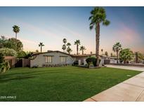 Charming single-story home featuring a well-manicured lawn, palm trees, and desert landscaping at 5333 E Sheena Dr, Scottsdale, AZ 85254