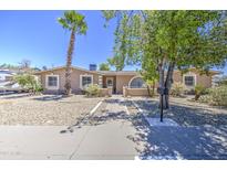 Charming single-story home with desert landscaping, a palm tree, and a welcoming front entrance at 2041 E Des Moines St, Mesa, AZ 85213