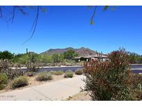 A serene street view showcases a home against a backdrop of majestic mountains and lush desert landscape at 6937 E Purple Shade Cir, Scottsdale, AZ 85266