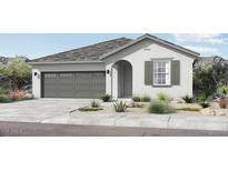 Charming single-story home featuring a gray roof, grey shutters, stucco walls, and a two-car garage at 14403 W Sand Hills Rd, Surprise, AZ 85387