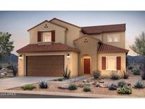 Charming two-story home featuring a tile roof, a two-car garage, and desert landscaping, perfect for Southwestern living at 6354 W Rushmore Way, Florence, AZ 85132