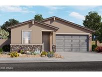 Charming single-story home with gray garage, stone accents, desert landscaping, and neutral color palette at 3334 E Ellie Trl, San Tan Valley, AZ 85143
