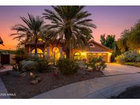 Inviting home exterior with desert landscaping, mature palm trees and warm exterior lights at dusk at 3416 E Squawbush Pl, Phoenix, AZ 85044