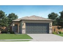 Charming single-story home with a two-car garage, complemented by lush green grass and desert landscaping at 25109 N 174Th Ln, Surprise, AZ 85387