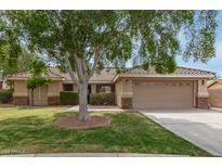 Charming single-story home featuring a well-manicured lawn, desert landscaping, and a two-car garage at 1114 N Leland Ct, Gilbert, AZ 85233