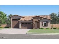 Charming single-story home with stone accents, a well-manicured lawn, and a three-car garage on a sunny day at 3006 E Lucky Horseshoe Ln, San Tan Valley, AZ 85140