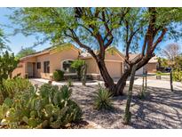 Charming single-story home featuring xeriscaped front yard with mature desert landscaping and a covered entryway at 41598 N Ranch Dr, San Tan Valley, AZ 85140